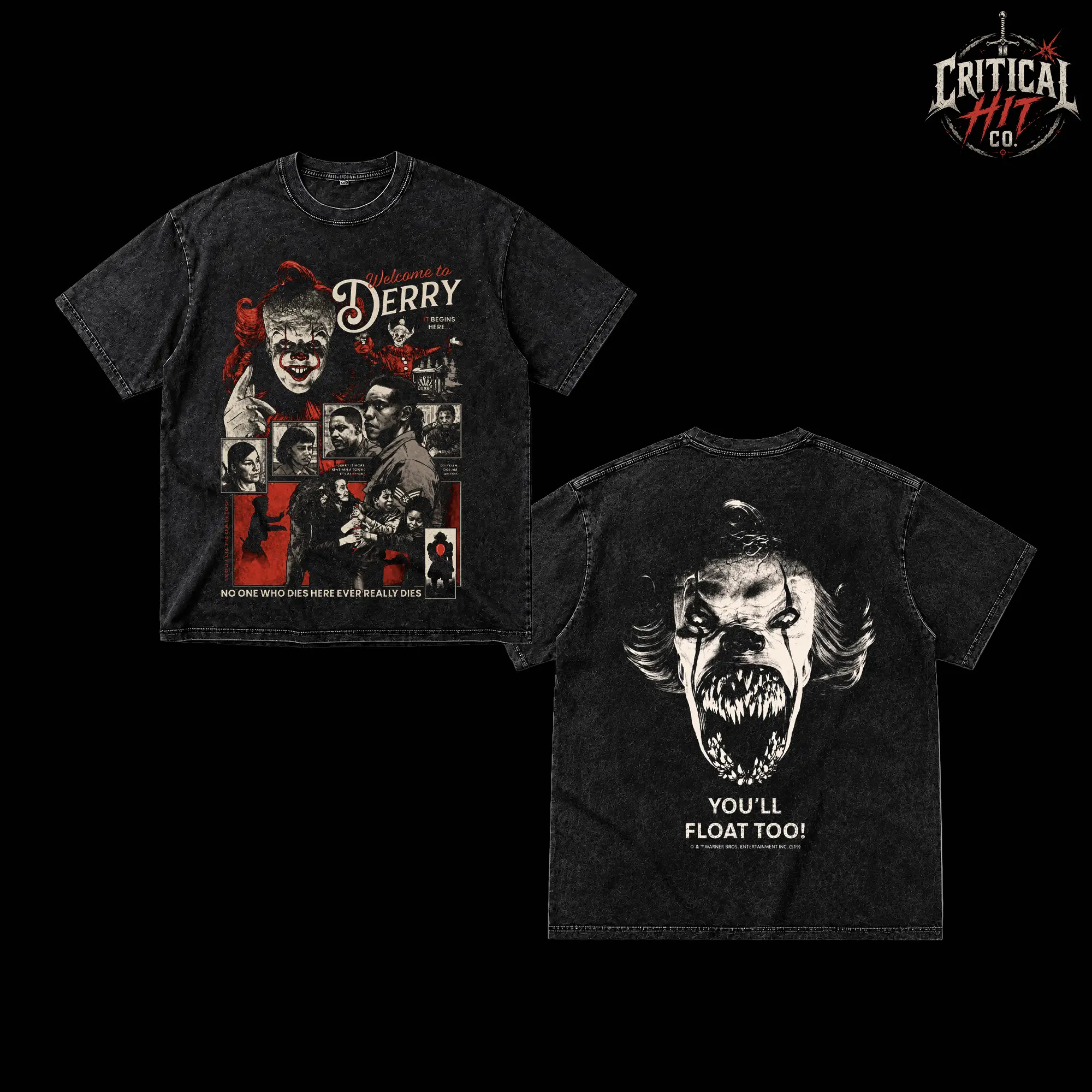 IT Movie Vintage Washed T-Shirt Tee Shirt, Pennywise The Clown Horror Graphic Tee, Stephen King Dark Fantasy Movie Shirt, You’ll Float Too Skull Print, Heavyweight Cotton Oversized Unisex Streetwear, Double Sided Retro Horror Fan Merch Gift