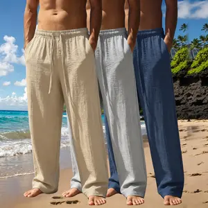 3-Pack Men’s Summer Casual Pants, Loose Fit Breathable Lightweight Drawstring Long Pants, 100% Polyester Fabric, Drapey Feel, Soft Skin-Friendly Comfort, Suitable for Beach Trips, Home Lounging, Everyday Outings, and All-Day Wear