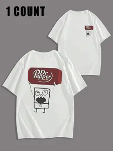 Men's Cartoon Sponge Bob Squarepants Print Round Neck Tee, Loose Casual Fashion Dr Pepper T-shirt for Summer, Men's Top for Daily Wear