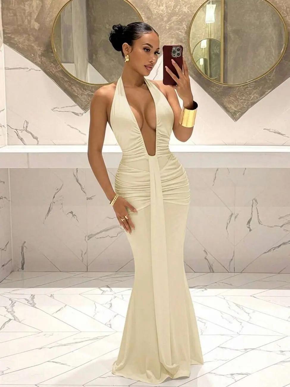 Slaydiva Elegant Deep V-Neck Mermaid Party Dress - Brown