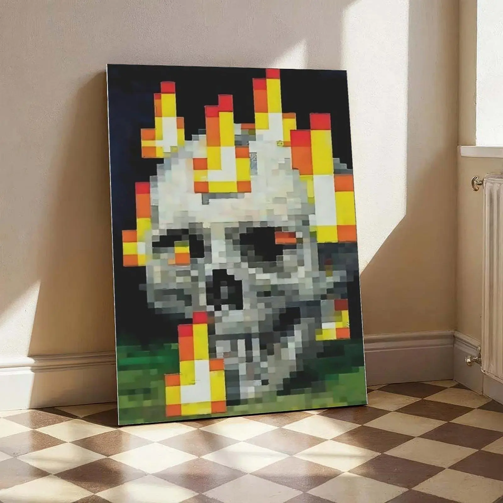 Dark Horror Style Spooky Halloween Skull-Flame Pixel Canvas Print Poster - Waterproof, Artistic Halo-Accented Design, Unframed/Framed (Solid Wood, Black Aluminum, Acrylic Panel) - Aesthetic Wall Decor, Home Supplies Room Gift for Bedroom, Creative Design