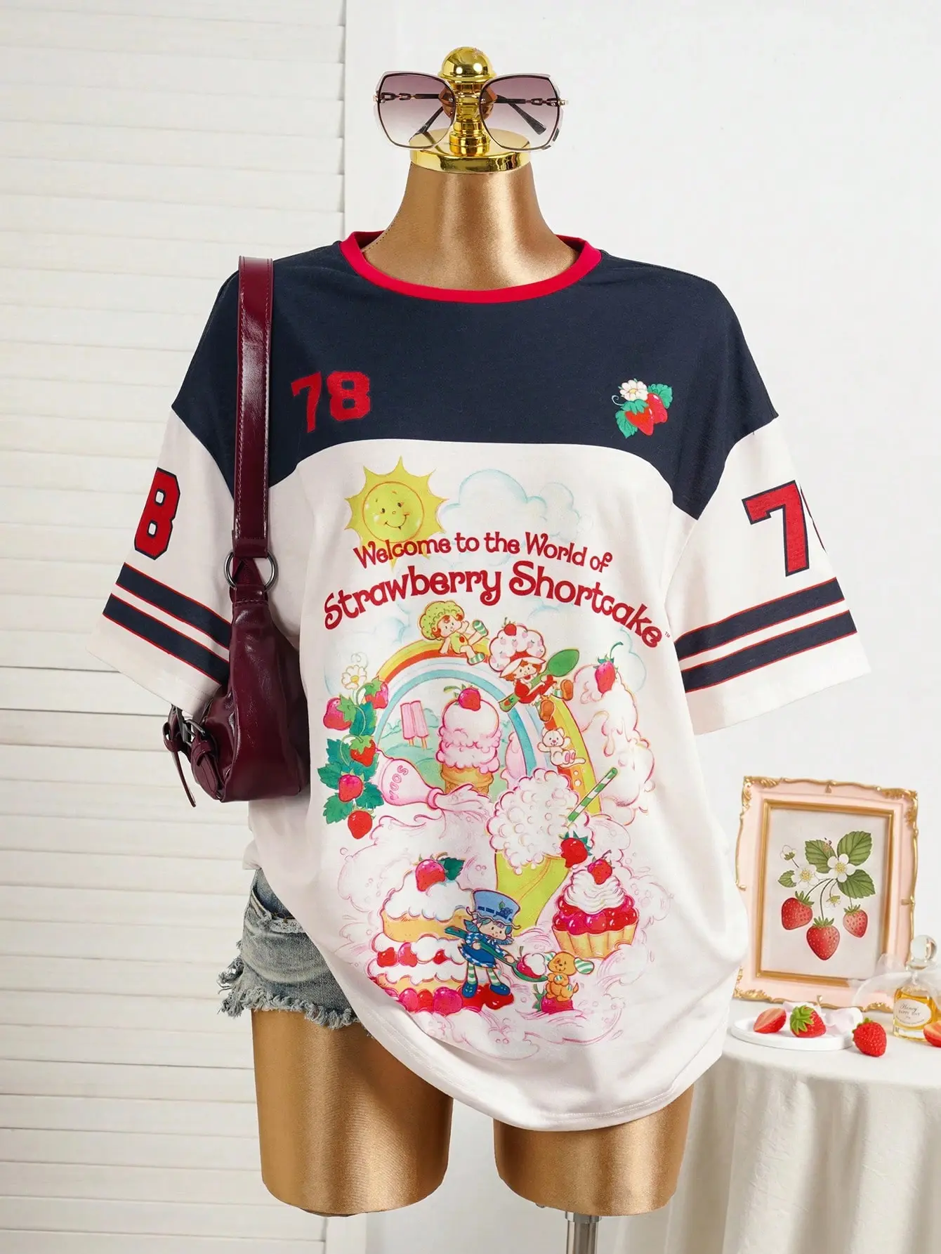 Strawberry Shortcake Women's Round Neck Short Sleeve Casual Loose T-Shirt,, Jeans, Everyday
