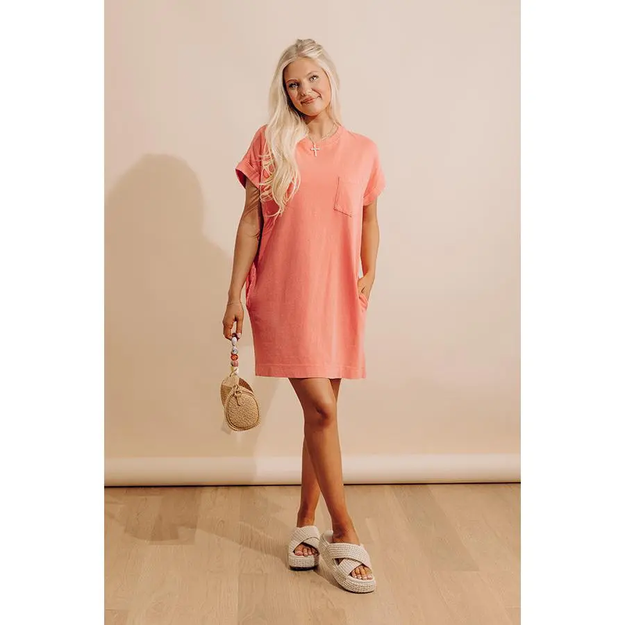 Cafe Meetup Vintage Wash T-Shirt Dress in Coral