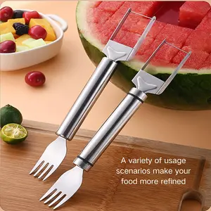 【2 Pack】Watermelon Fork Slicer,Watermelon Slicer Cutter,Watermelon Cube Cutting Tool, 2-in-1 Stainless Steel Fruit Cutter, Dual Head Fruit Forks Slicer Knife with Round Handle,Fruit Cutting Kitchen Utensils,Kitchen Gadgets,Portable Modern