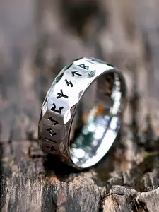 Men'S Stainless-Steel Rings Punk Viking Rune Men Rings Bevel Vintage Rings Silver Ring Wedding Band Jewelry For Man Engraved Ring