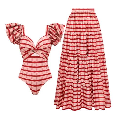 FLAXMAKER Women's Red Striped Ruffle Sleeve V-Neck Cut-Out Polyester Blend Tummy Control Swimdress Set, Multi-Size 1-Piece Swimsuit & Skirt, Summer Vacation Sports & Outdoor Beachwear (Swimsuits Tummy Control, Swimming Suit Included) tiktokshopbacktoschoo