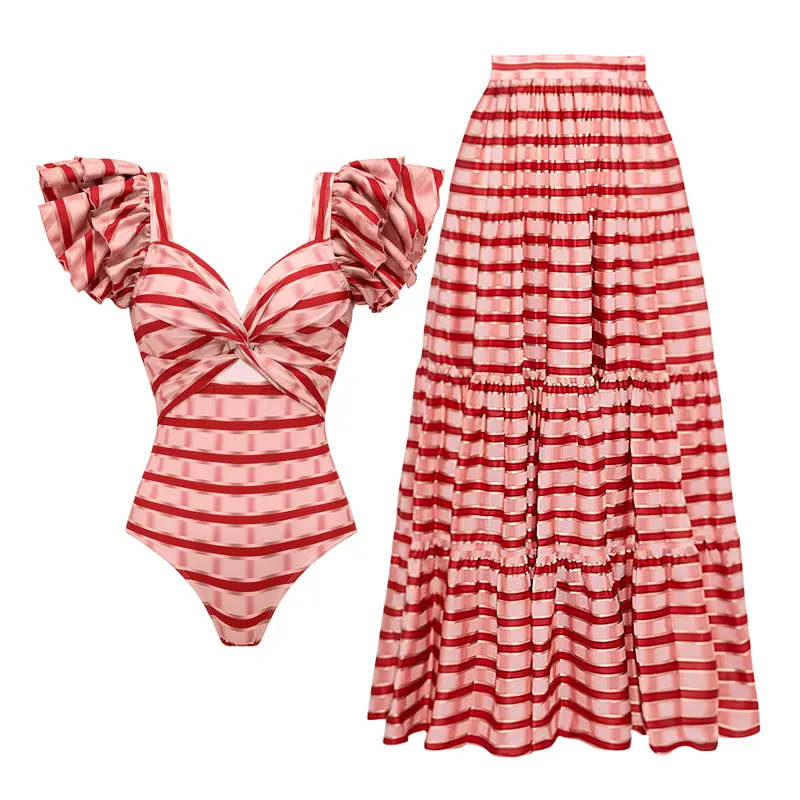 FLAXMAKER Women's Red Striped Ruffle Sleeve V-Neck Cut-Out Polyester Blend Tummy Control Swimdress Set, Multi-Size 1-Piece Swimsuit & Skirt, Summer Vacation Sports & Outdoor Beachwear (Swimsuits Tummy Control, Swimming Suit Included) tiktokshopbacktoschoo