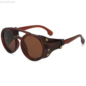 Steampunk Round Sunglasses with Leather Side Shields, Retro Gothic Rivet UV400 Protection Unisex Eyewear for Motorcycle, Festival, Cosplay