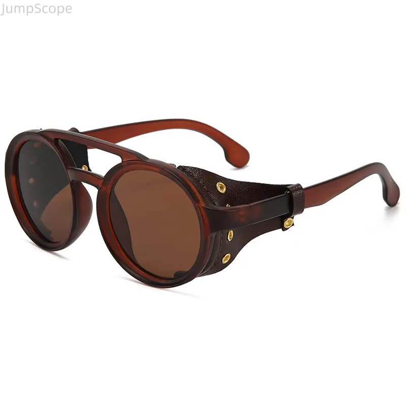 Unisex Steampunk Gothic Frames Sunglasses - Round Design, Leather Side Shields, Rivet Detailing, UV400 Sun Protective Gothic Shades for Motorcycle, Cosplay, Sun Protective Sunglasses, Cosplay Events, Steampunk Edge, Uv400 Lens
