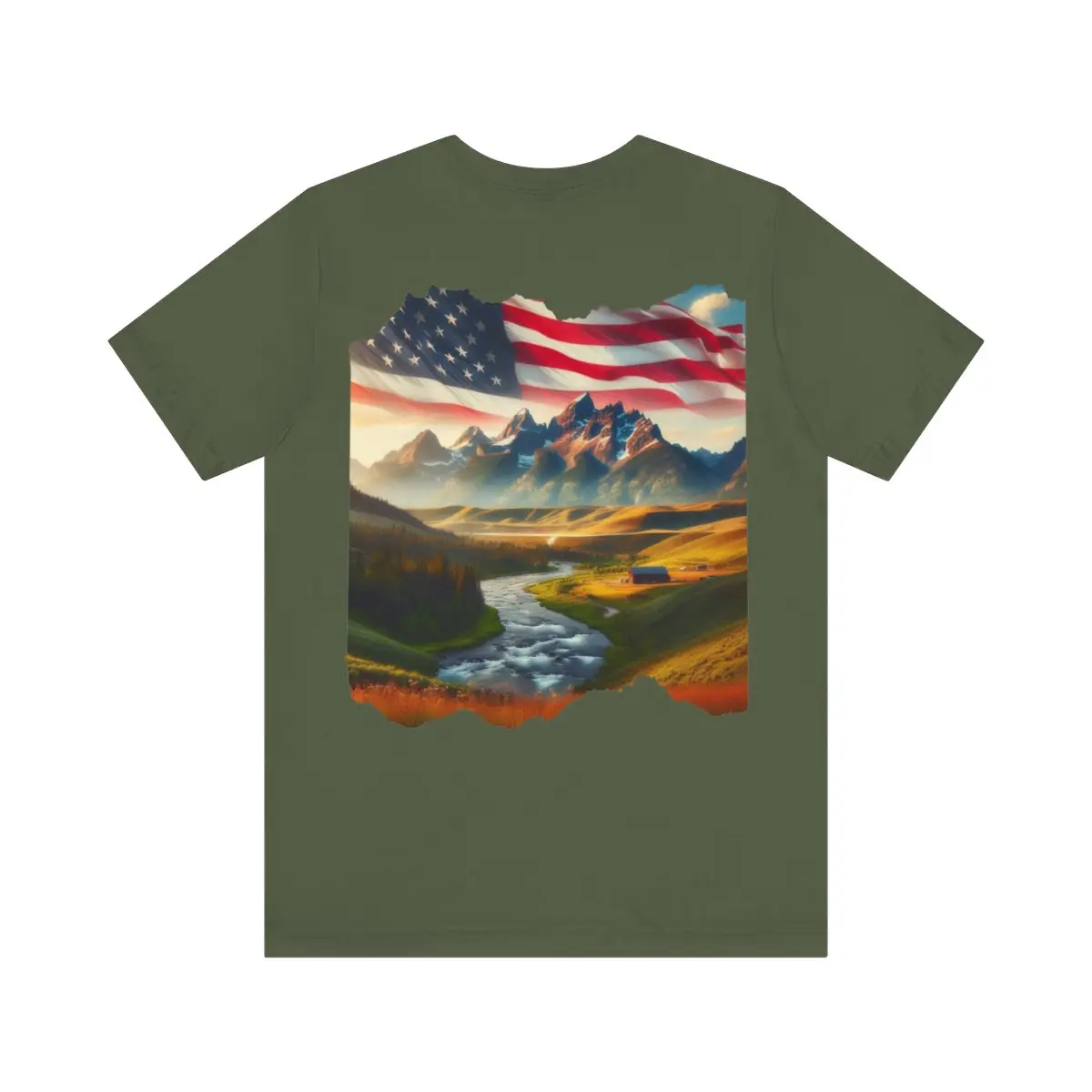 Rustic Mountain Graphic Tee, Patriotic Camping Shirt, American Flag Nature Lover Gift, Wilderness Adventure T-shirt Active