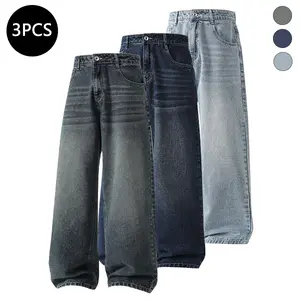 3-Pack Men’s Summer Straight-Leg Washed Jeans — Trendy High-Street/Streetwear Style, Versatile Casual Loose Long Pants for Men
