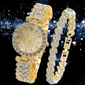 2pcs Unisex Exquisite Rhinestone Wrist Watch - Stainless Steel Minimalist Round Dial Quartz Watch, Full Rhinestone Bracelet, Fashion Accessory, Eid Gift, Exquisite Watch, Round Dial Watch