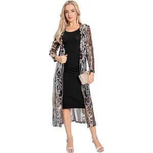 Women’s Sparkly Sequin Open-Front Long-Sleeve Cardigan Coat Dress for Evening Parties