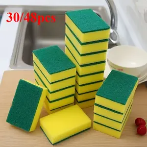 15/30/48-piece multifunctional square kitchen sponge with high water absorbency, rust removal, and stain removal capabilities, featuring a double-layer design, suitable for tableware, kitchenware, and furniture