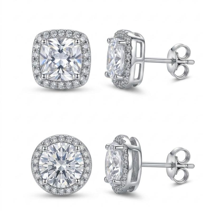 Women's 4-Pair Classic Style Earrings Set - Gold & Silver Round/Square Sparkle Stud Earrings, Minimalist Daily Gift Jewelry, Unisex Everyday Accessory