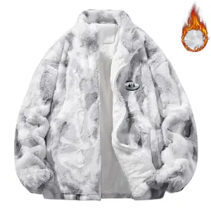 Men's Camo Faux Fur Jacket with Logo Patch Full-Zip Closure Ultra-Warm Casual Outerwear for Winter