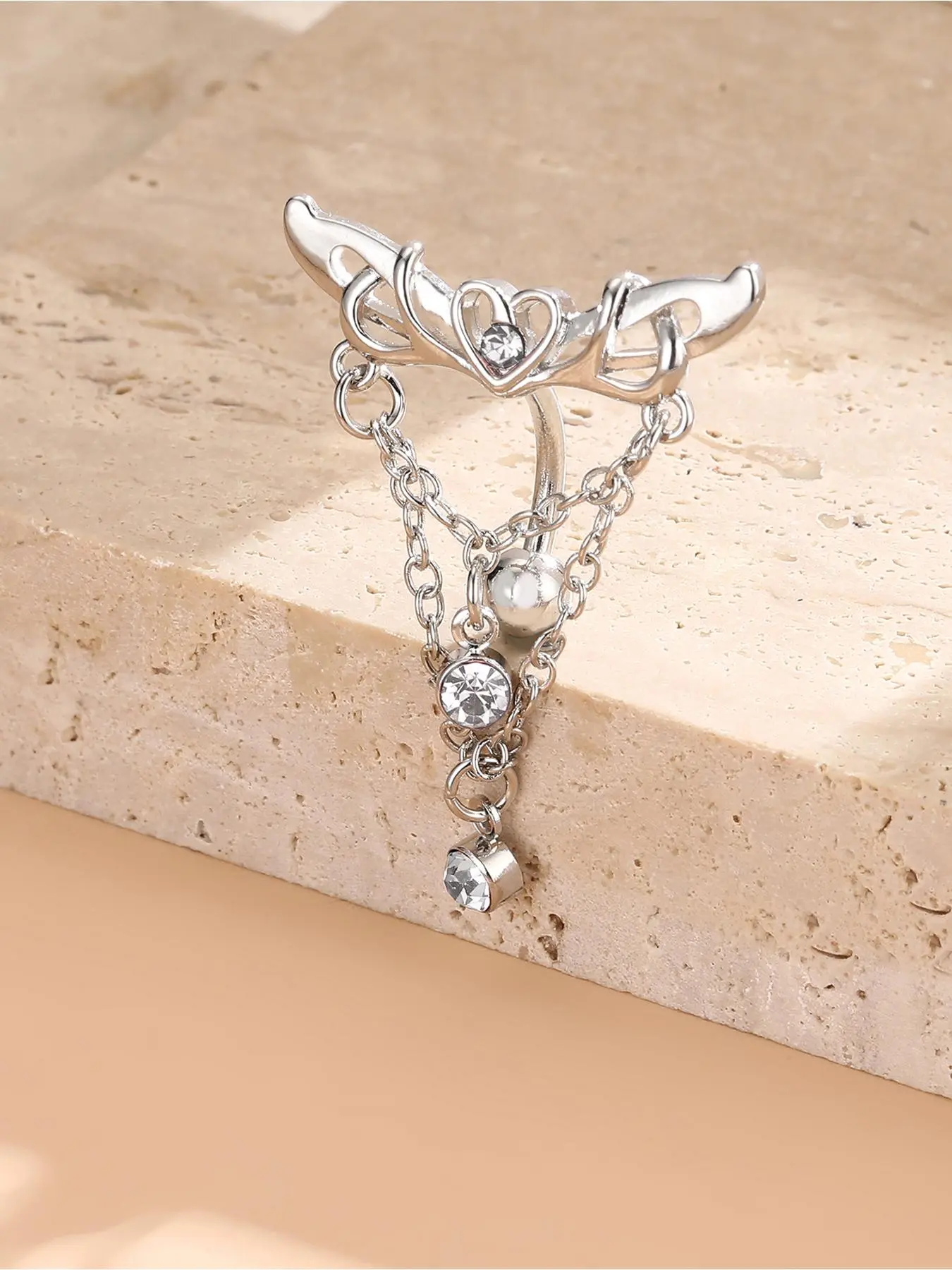Women's Rhinestone Decorated Heart & Wing Design Navel Ring, Rhinestone Belly Ring, Belly Button Piercing Jewelry for Women & Girls for Party Decoration, Heart Design Chain, Vintage Body Jewelry, Body Jewellery