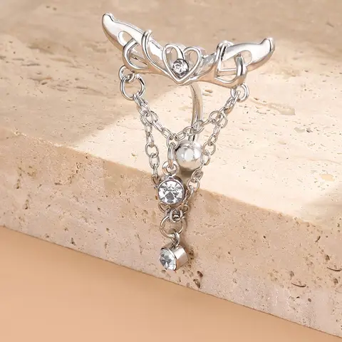 Women's Rhinestone Decorated Heart & Wing Design Navel Ring, Rhinestone Belly Ring, Belly Button Piercing Jewelry for Women & Girls for Party Decoration, Heart Design Chain, Vintage Body Jewelry, Body Jewellery