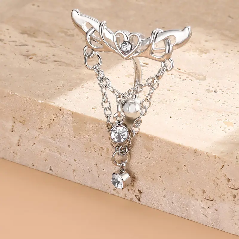Women's Rhinestone Decorated Heart & Wing Design Navel Ring, Rhinestone Belly Ring, Belly Button Piercing Jewelry for Women & Girls for Party Decoration, Heart Design Chain, Vintage Body Jewelry, Body Jewellery