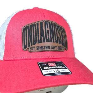 "Undiagnosed but Somethin' Ain't Right" Fitted Trucker Hat - Bold Red Snapback with Mesh Back & Distressed Print