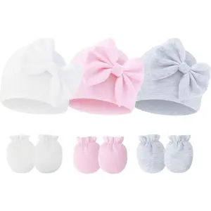 X-KCP02  Newborn Baby Hats Mittens Sets Bow Infant Caps Gloves No Scratch Mitten Beanie Set for 0-6 Months Girls