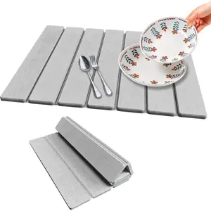 Stone Dish Drying Mat For Kitchen & Bathroom - Diatomaceous Earth, Quick Dry, Collapsible, Non - Slip Pvc, Rounded Corners, 15.7 X 11.8 IN, Absorbent,  Material For Dishes, Cups & More
