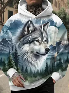 Men's Graphic Print Wolf Hooded Sweatshirt, Casual Fitted All-Seasons Top, Stylish and Versatile Men's Fashion Apparel