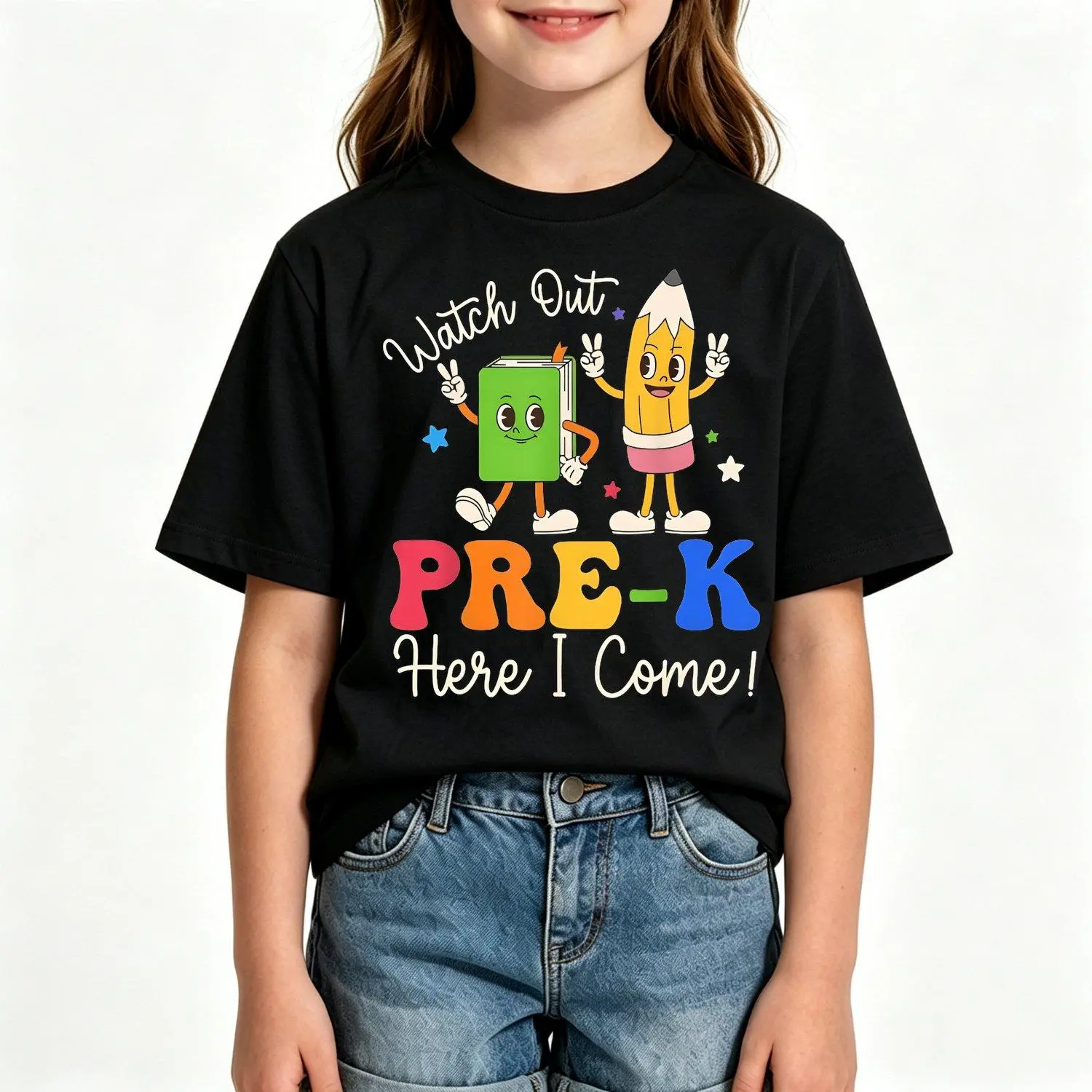 Childrens Cotton Tshirt Cute Cartoon Book And Pencil Characters Peace Signs Colorful Stars Design Soft Crew Neck Tee For Boys Girls Preschool