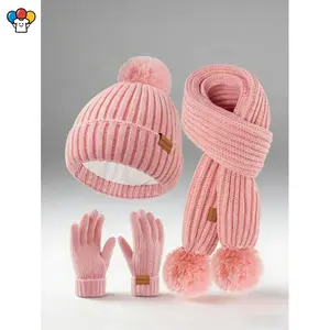 HER-Kids Winter Hat Scarf Gloves Set Fleece Lined Beanie with Pom Knit Scarf Warm Mittens for Girls Boys Children 3-12 Years Old