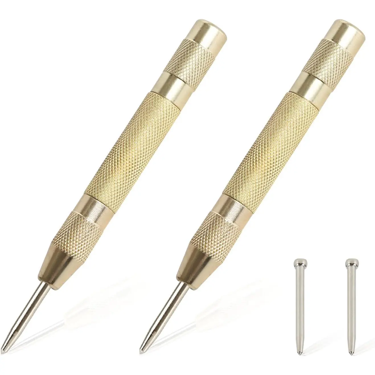 2 count Automatic Center Punch,5'' Spring Loaded Center Punch, Heavy Duty Steel Adjustable Center Marker Punch Tool with 2 count Extra Replacement Tip for Metal,Plastic,,Glass by