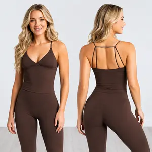 Women's Cross Over V Neck Workout Set 2 Piece Gym Outfit Longline Tank Top & 4.5" High Waist Shorts Seamless Sculpting Activewear Set Tummy Control Booty Lifting Yoga Fitness Matching Set