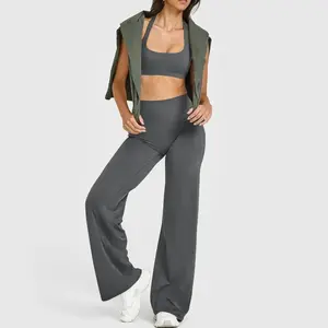 High Waisted Wide Leg Yoga Pants Tummy Control Snatched Flare Leggings for Women Figure Enhancing Workout Gym Trousers in Charcoal TikTok Viral Style