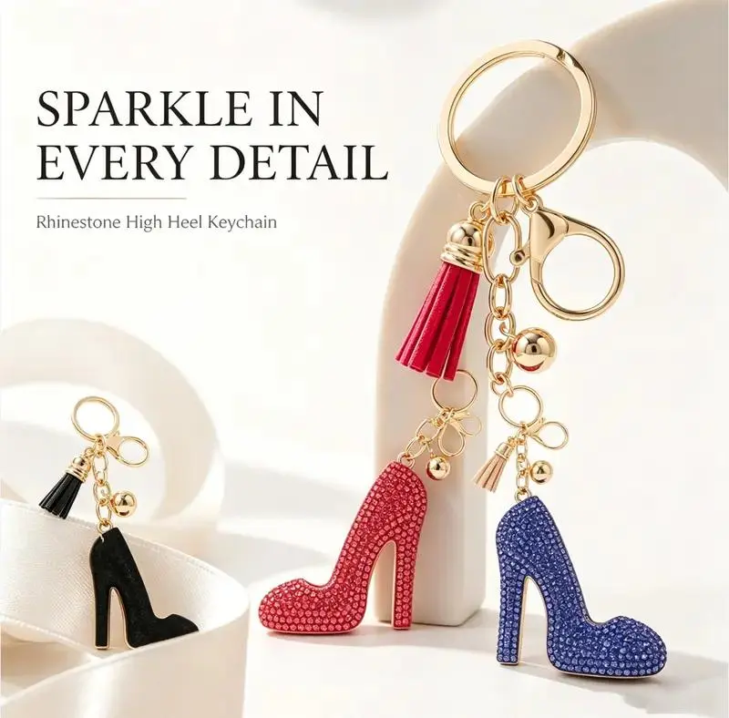 High Heels Rhinestone Tassel Keychain - Pink Glitter Shoe Charm with Gold Tone Hardware, Fashion Bag Pendant Accessory Gift for Women Girls