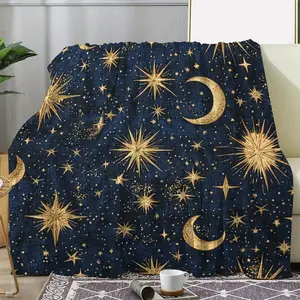 [Warm Knitted Polyester Fleece Blanket] Vintage Celestial Flannel Throw Blanket With Stars And Moon Print - Soft, Warm, And Cozy Knitted Polyester Fleece For Couch