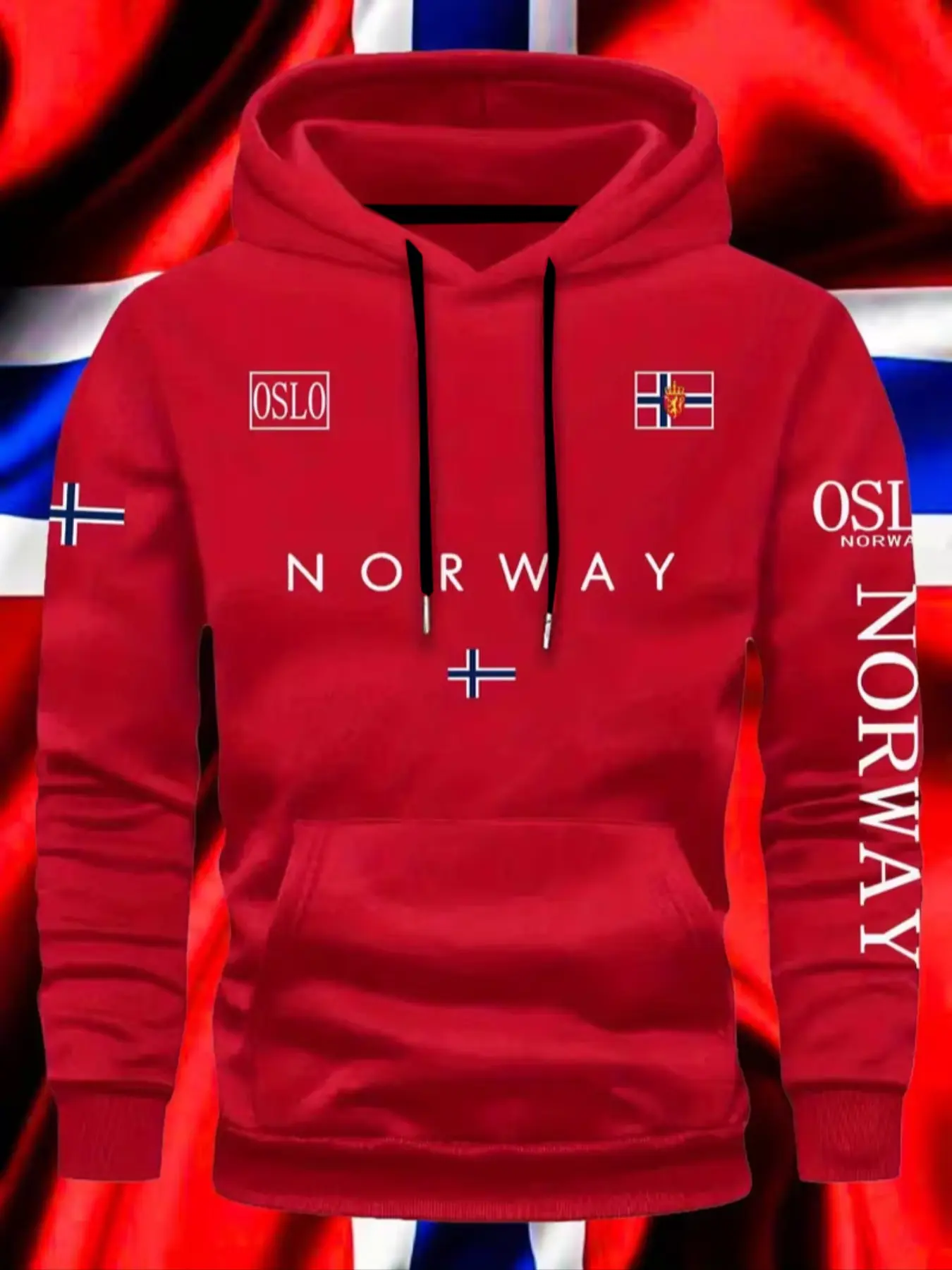 Men's Norway Flag Hoodie with Oslo Pattern, Casual Fitted Winter Sweatshirt, Warm Geometric Chain Print, Ideal for Sports & Outdoor Activities