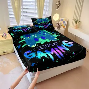 3Pcs Neon Splash Gaming Controller Fitted Sheet Set No Fillers, Graffiti Video Game Bed Sheet Set, Modern Gamer Style Bedding Set with Pillowcases, Deep Pocket for Boys Teens Gamers Bedroom Game Room