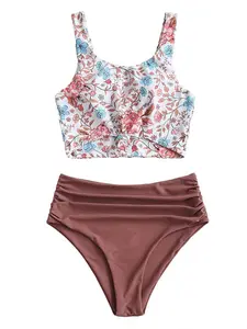 Women's Plants Print Bikini Set, Casual Tankini Top & Ruched Swim Panty, Ladies Swimsuit for Beach Holiday Vacation, Beachswimsuits, Flower Print Tankini, Tankini Outfit, Tankini Bottoms Set
