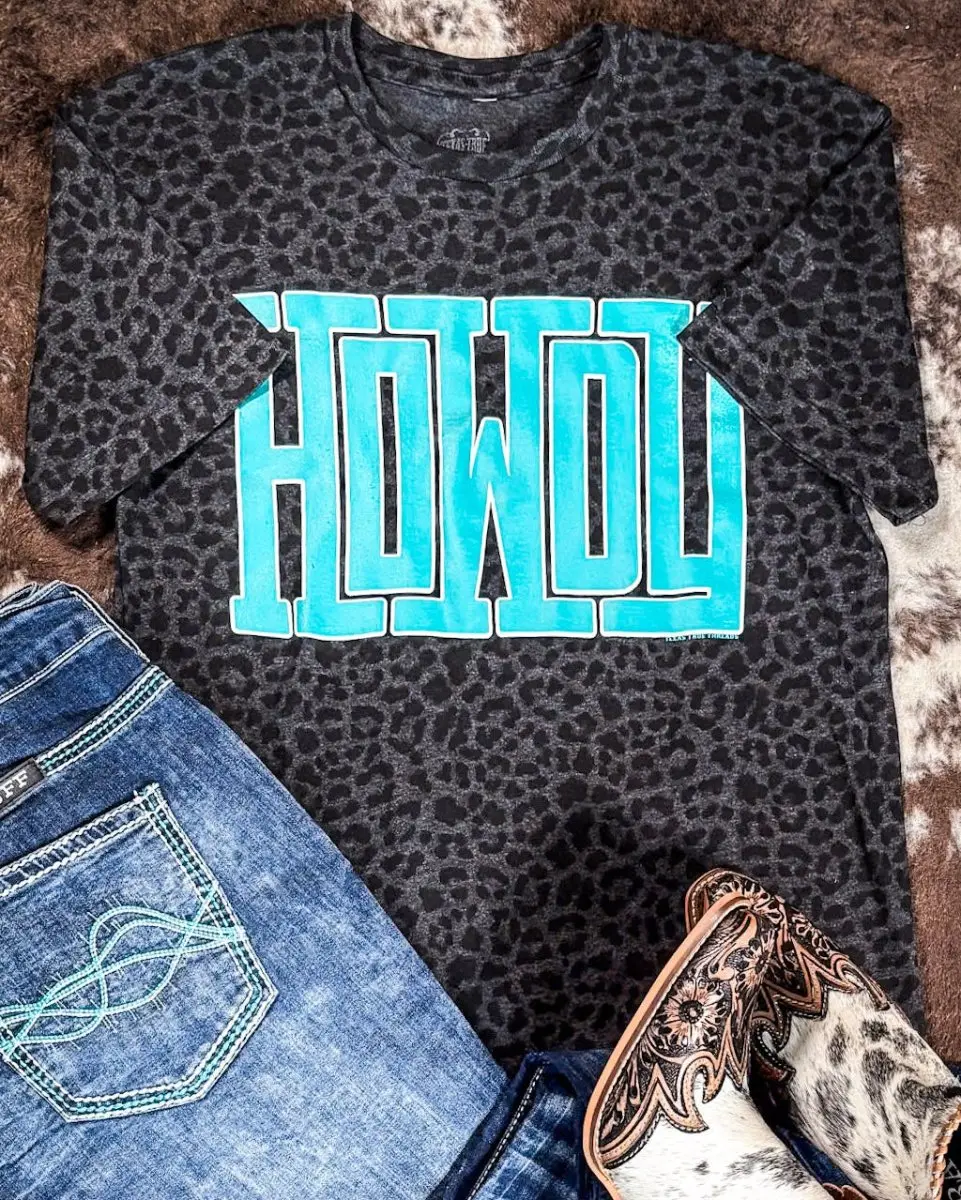 Women's Howdy Block Graphic T-Shirt, Black Leopard Print, Soft Rayon Fabric, Short-Sleeve, Everyday Wear