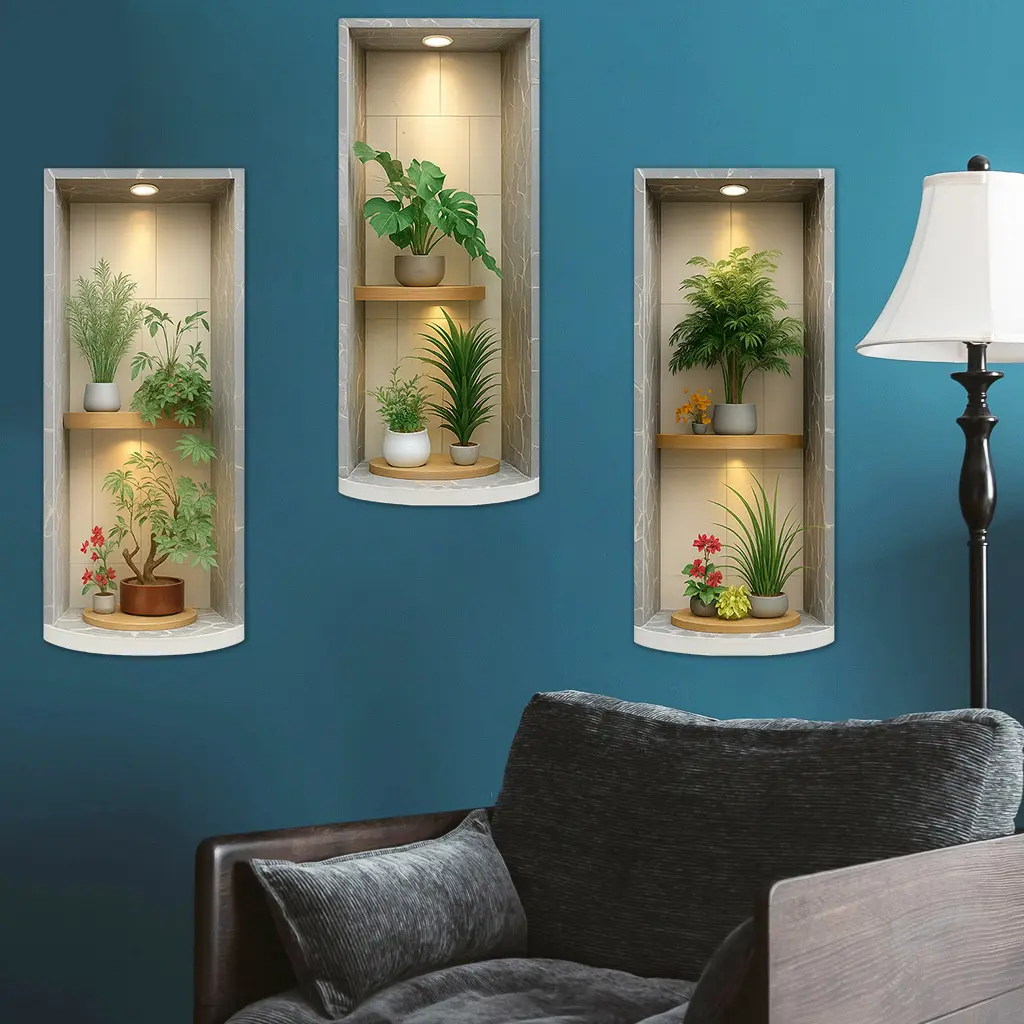 Set of 3 green plant wall decals, Floral wall decals, made of self-adhesive, removable PVC material, ideal for home decor, festive atmosphere, and wall decor