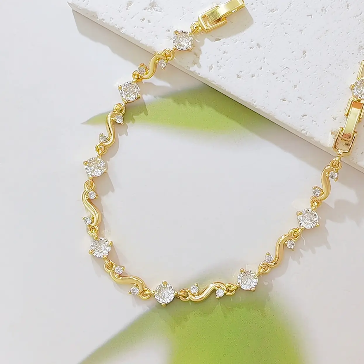 14K Gold Plated Infinity Wave Chain Bracelet for Women, Dainty Curved Twisted Link Bracelet with Round Cut Crystal Rhinestone Adjustable Delicate Jewelry Gift