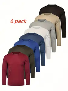 6pcs Men'S Long Sleeve T-Shirts - Quick-Dry Gym Shirts with Moisture-Wicking Fabric, Color Options for Workout, Running, Casual Attire - Breathable Athletic Tops for Active Lifestyles, Workout Shirts, Running Gear, Round Neckline, Stretchy Material