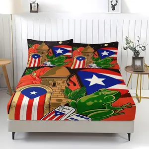 Puerto Rican architectural design printed bed sheet set, featuring green frog and national flag patterns, including 1 bed sheet and 2 pillowcases, comfortable bedding suitable for bedroom decoration for teenagers and adults, Bed Sheets Set