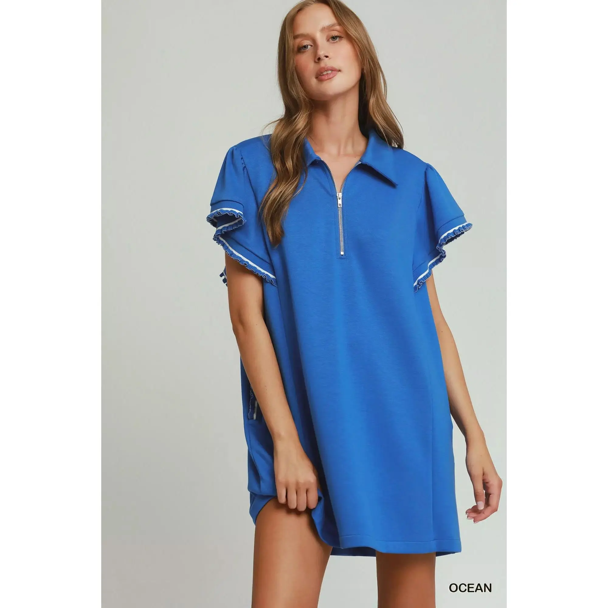 Umgee Half Zip Ruffle Rib Band Butterfy Sleeve Mini Dress with Pockets