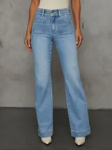 1 Pair Spring Summer High Waisted Flare Jeans for Women, Patch Pocket Washed Denim Pants with Cuffed Hem, Stretchy Slim Fit Casual Office Daily Brunch Streetwear, Trendy Old Money Clean Girl Aesthetic Button