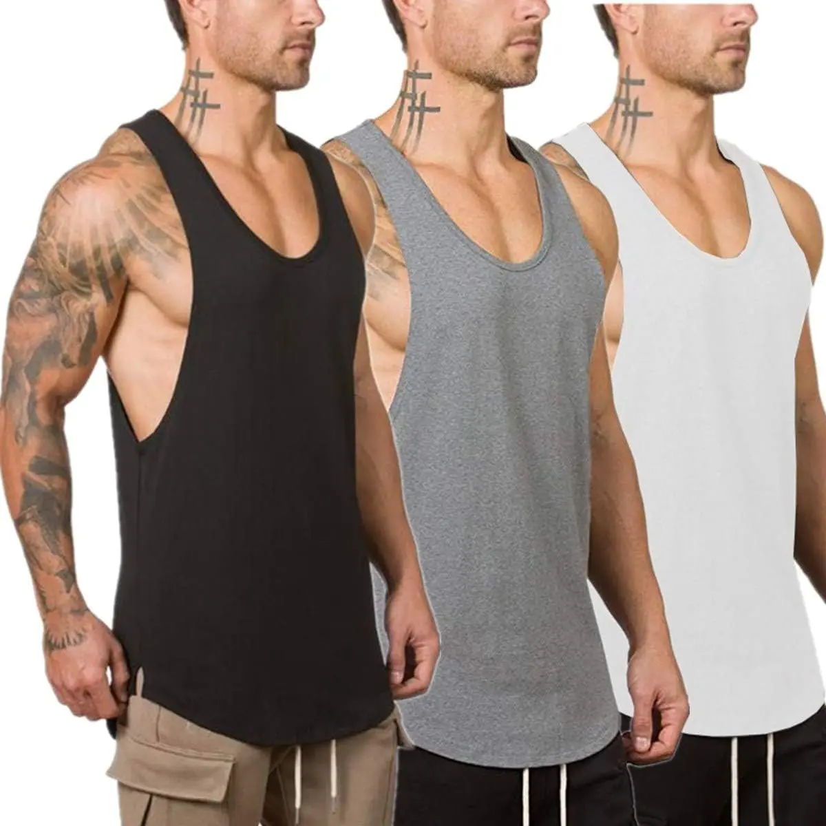 Men's Cotton Blend Slim-Fit Stretch Flex Gym Stringer Tank Tops, Bodybuilding Fitness Shirts, 1/2/3 Pack, Standard Size