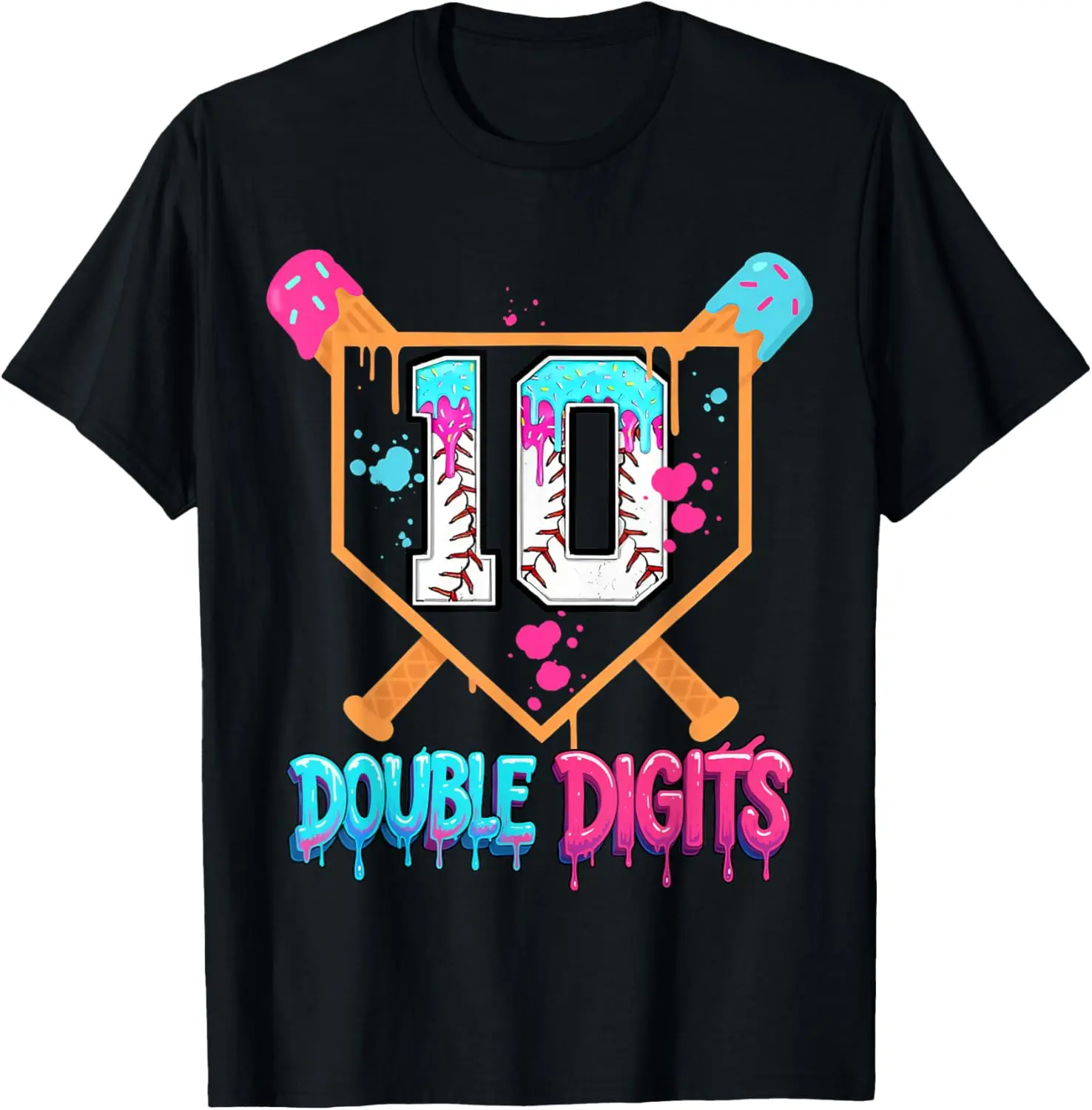 Baseball Drip 10th Birthday Boy Double Digits Ice Cream Drip T-Shirt - Cotton Fabric Youth Boys Girl T-shirt