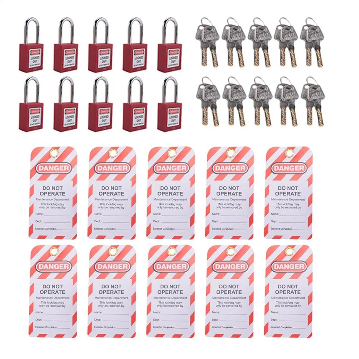10 Red Lockout Tagout Locks with 10 Lock Out Tag Out Tags, Keyed Different,Compliant Safety Locks(Red,Keyed Different)