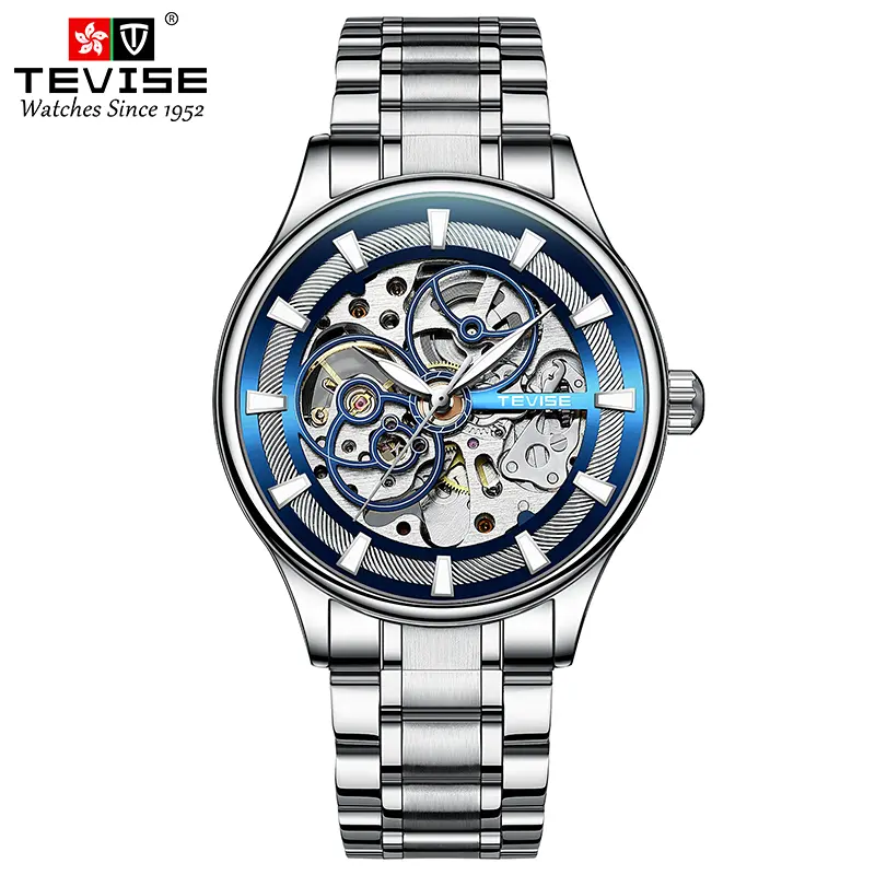 TEVISE Mens Automatic Mechanical Watch Luminous Hands Skeleton Design Alloy Case Butterfly Clasp Stainless Steel Band Fashionable Gift for Birthday Valentine Christmas relojes para hombres