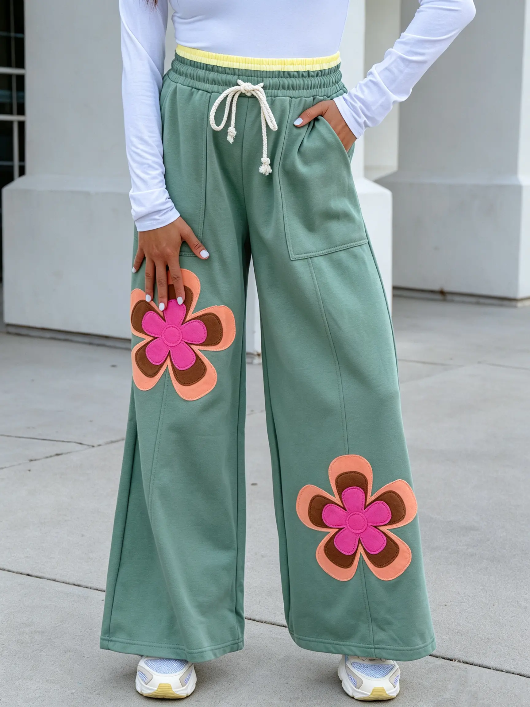 Women's Sea Green Flower Patchwork Wide Leg Pants Casual Contrast Elastic Waist Drawstring Pocket Trousers Streetwear Bottoms