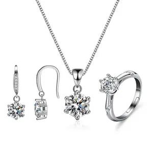 S925 Sterling Silver Ring Necklace Earrings Moissanite One Carat Jewelry Three-Piece Set for Women